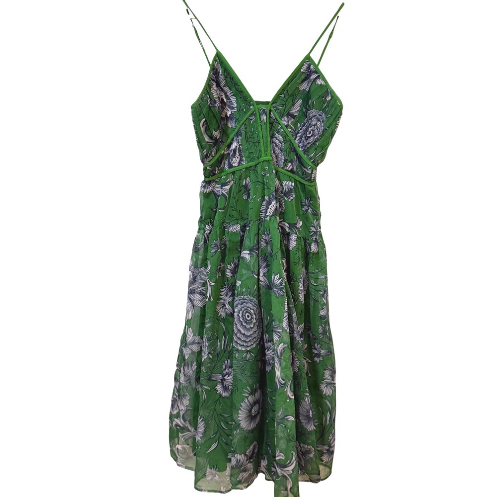 Anthropologie Maxi Dress M Green Floral Tiered Smocked Back